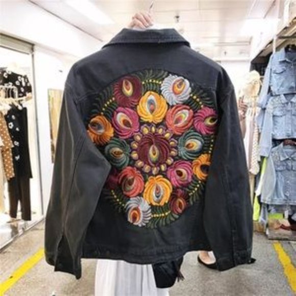 Boho Floral Embroidered Distressed Denim Jacket - Picture 7 of 7
